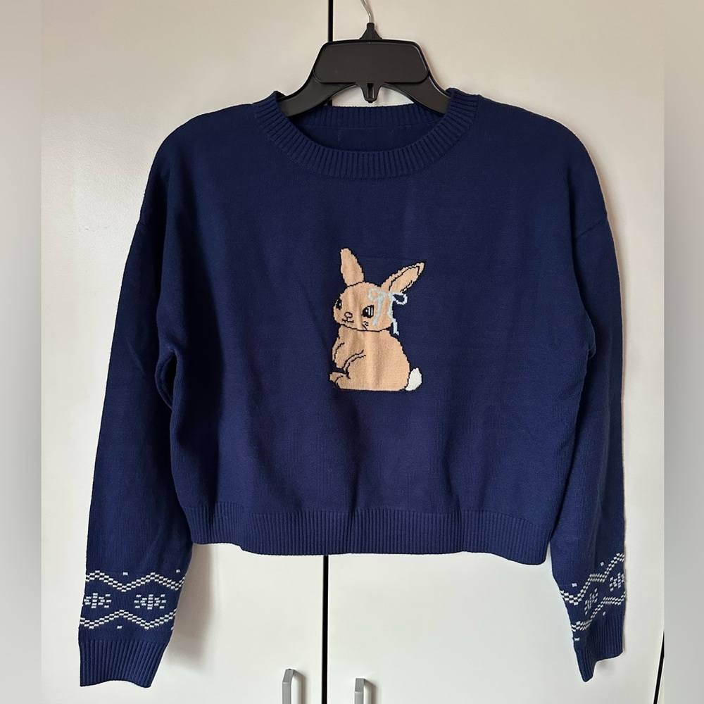 Navy Blue Sweater with Jacquard knit Rabbit Design